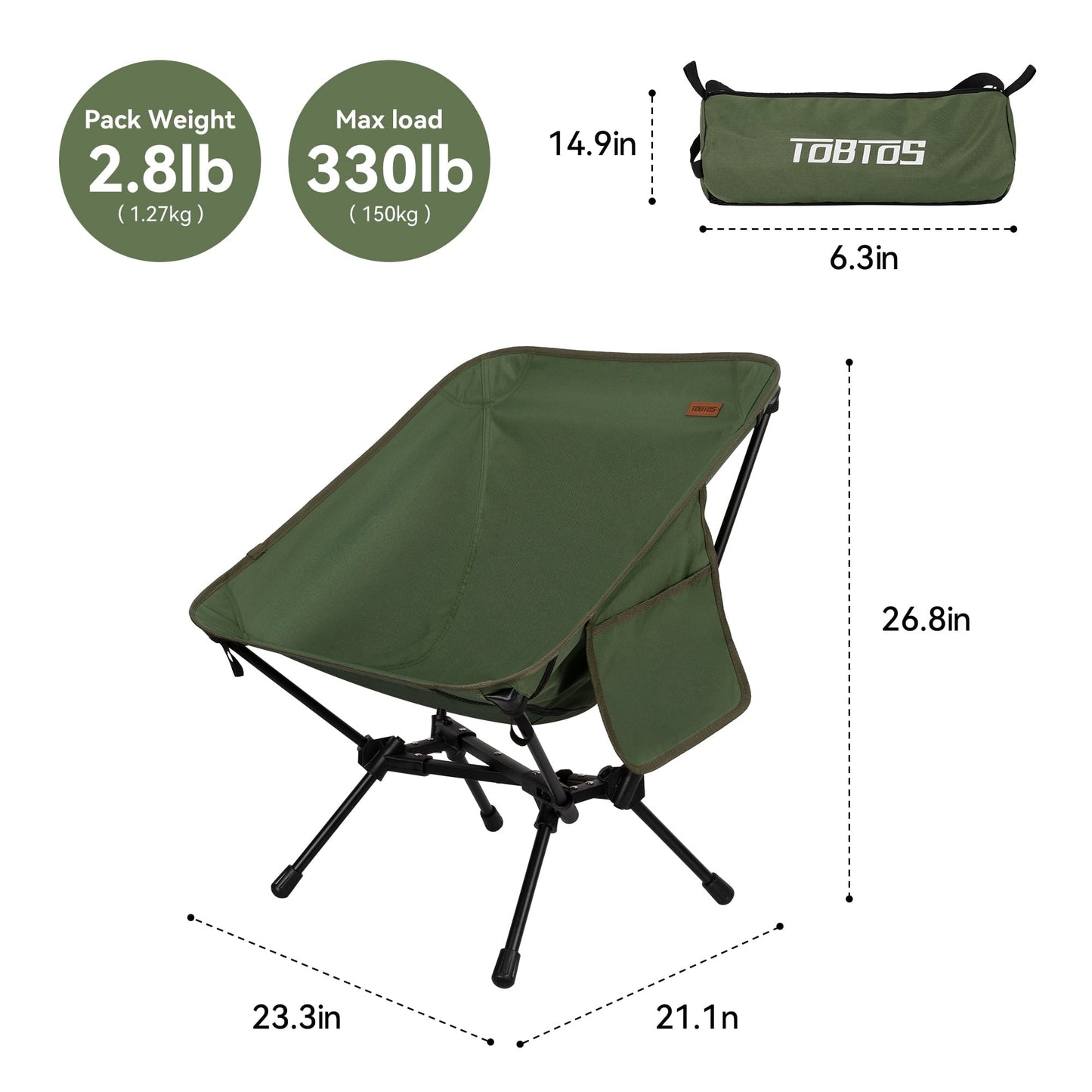 TOBTOS Ultralight Folding Camping Chair with Carry Bag, Portable for Outdoor, Backpacking, Hiking & Beach (Green)