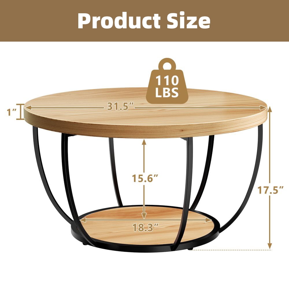 LUMAMIN  31.5" Round Coffee Table with Storage, 2 Tier Modern Small Wood Center Table with Metal Legs for Living Room, Bedroom, or Kitchen
