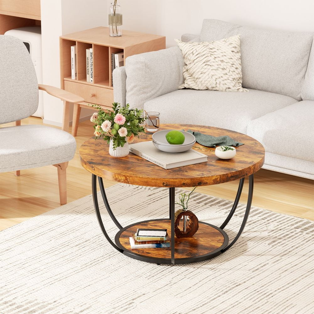 LUMAMIN 31.5" Round Coffee Table with Storage, 2 Tier Modern Small Wood Center Table with Metal Legs for Living Room, Bedroom, Rustic Brown