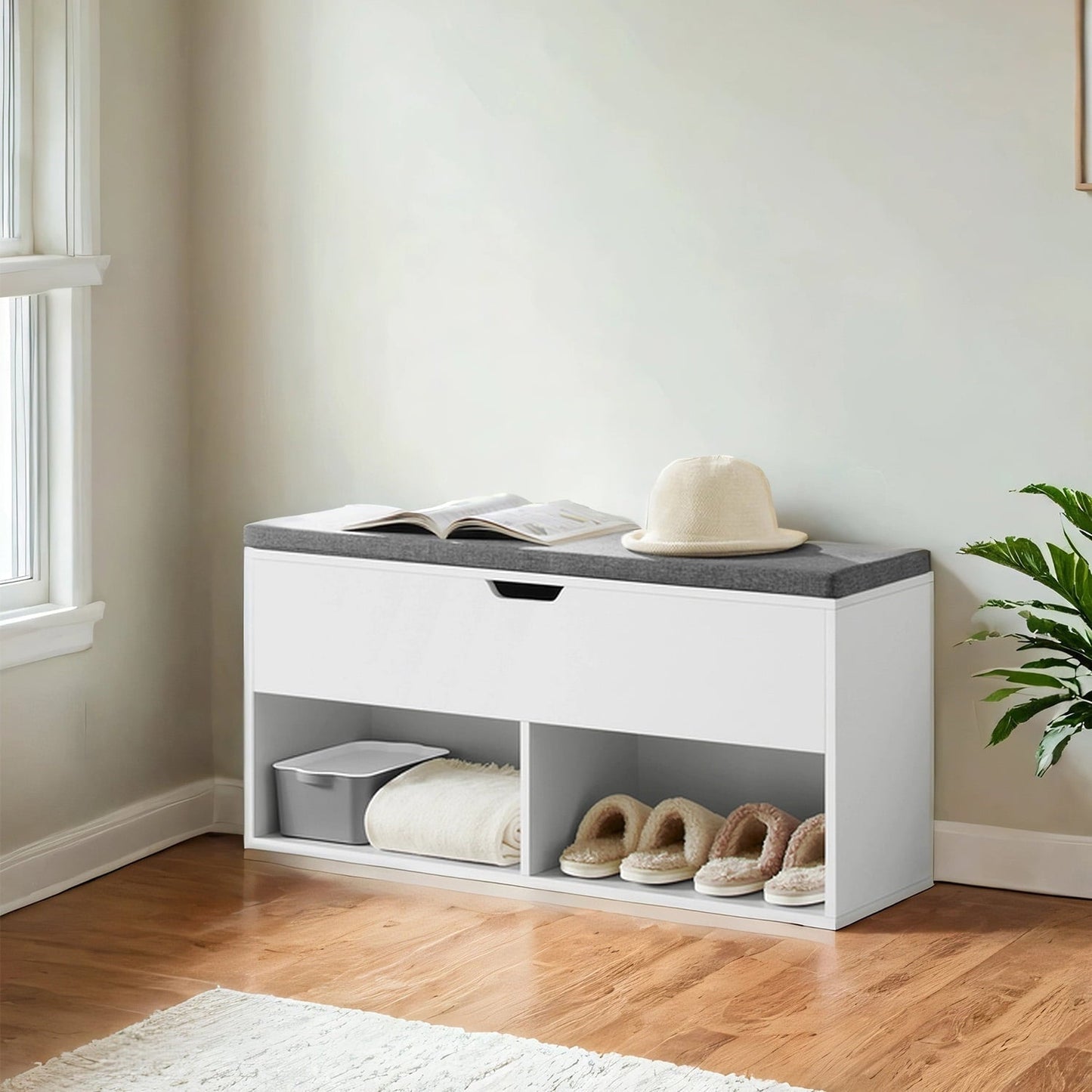 LEDREM Shoe Bench with Cushion, 300lb Capacity Storage Bench with 3 Compartments, White and Gray