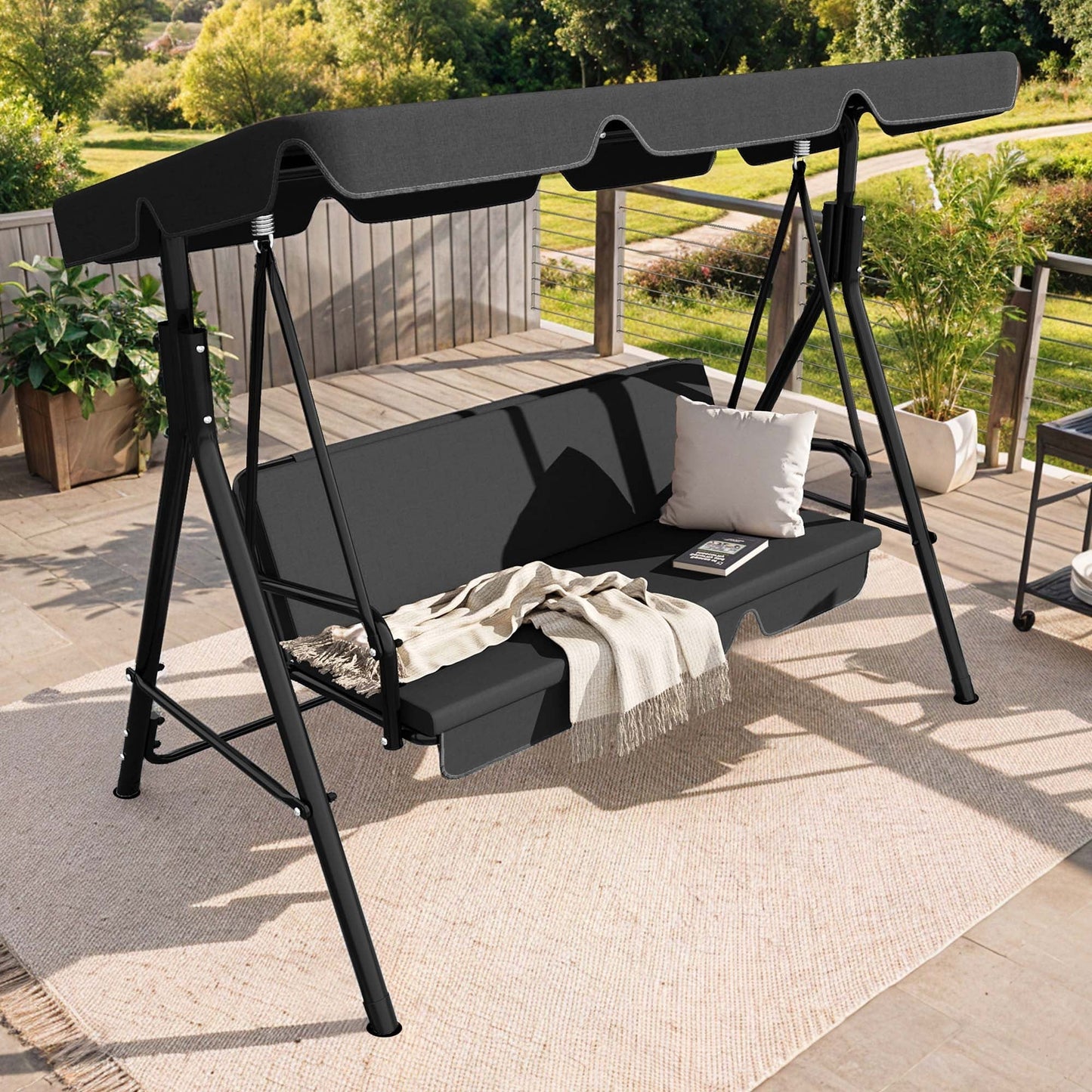 Uforic 3-Seat Outdoor Heavy Duty Patio Swing Chair with Stand & Cushion for Garden, Patio, Deck, Gray