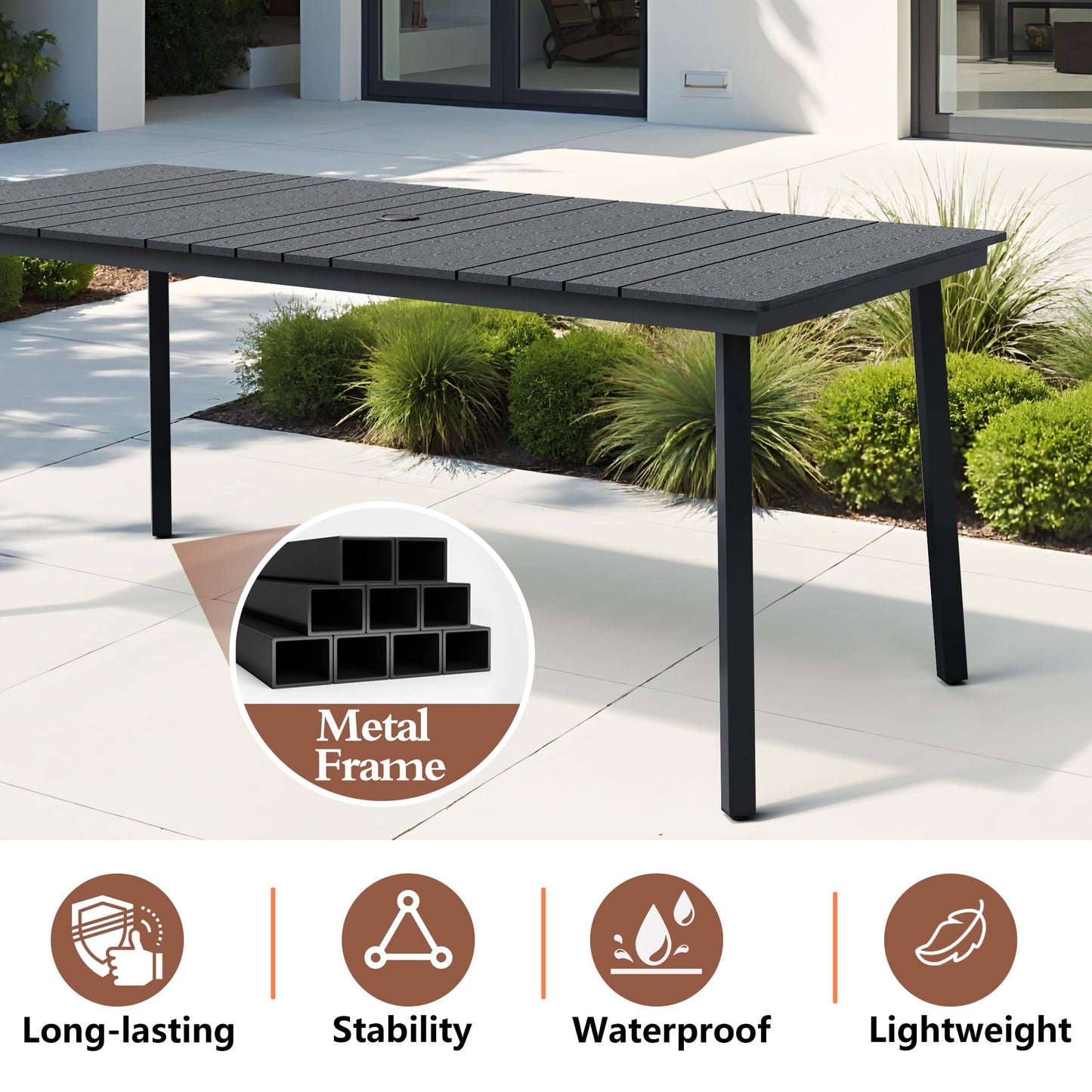 Pellebant 70.5" Outdoor Aluminum Patio Dining Table for 6-8 People, All-Weather Rectangle Table with Umbrella Hole for Garden, Deck, Lawn，Black