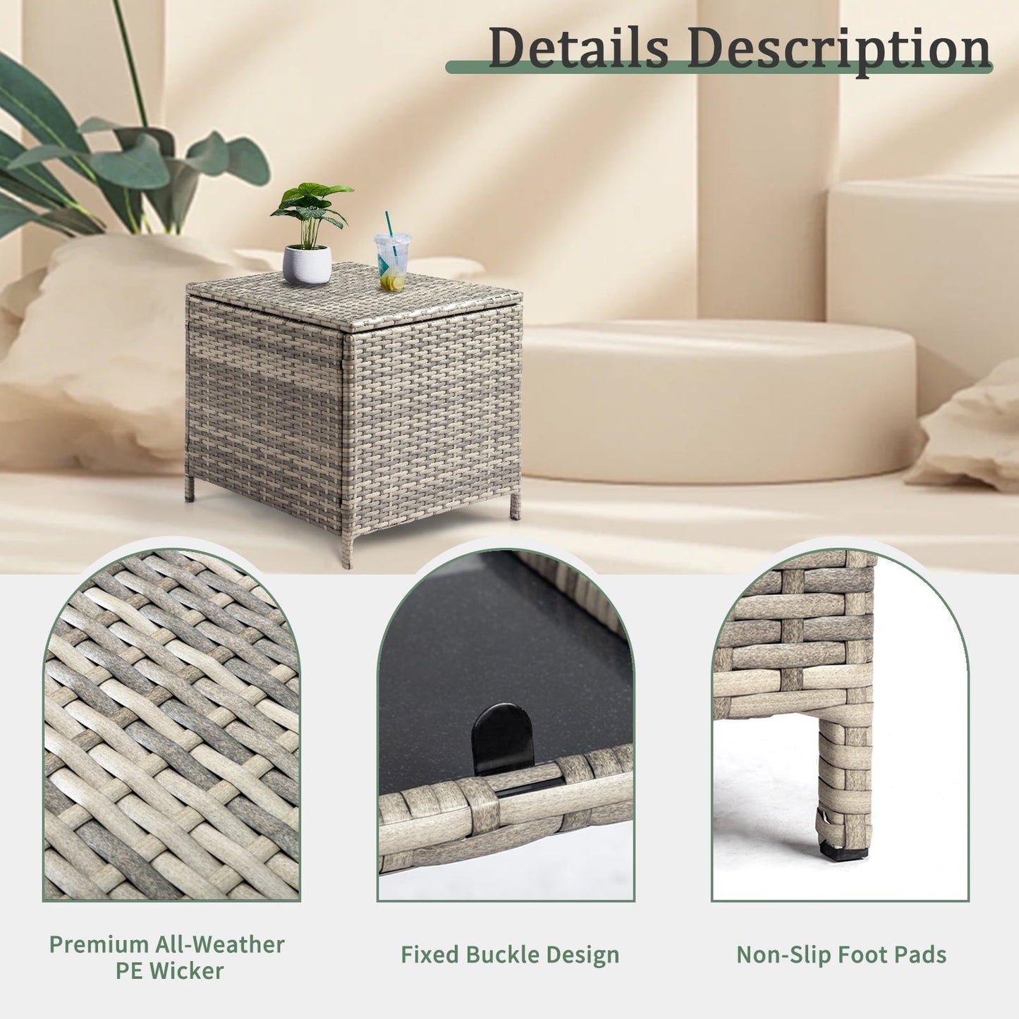 BAYUELSWU Outdoor Side Table with Storage, 27 Gallon Wicker Outdoor Side Table, Rattan Coffee Table All-Weather for Patio, Porch, Lawn (Grey)