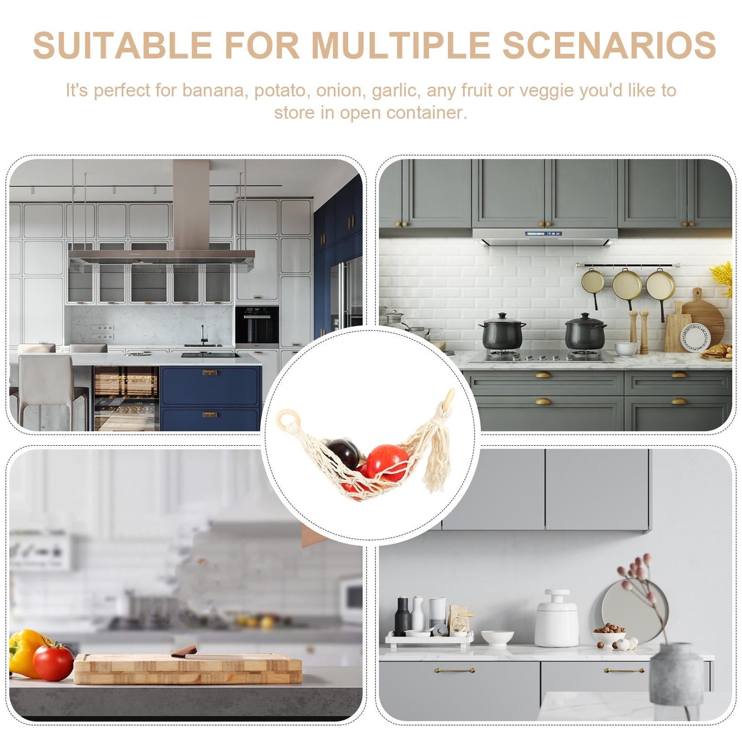 WEAVILUX Hammock Storage Net Bag Fruit Vegetable Net Bag Beige 1 Set 20.5x6.3x6.3in Cotton Rope