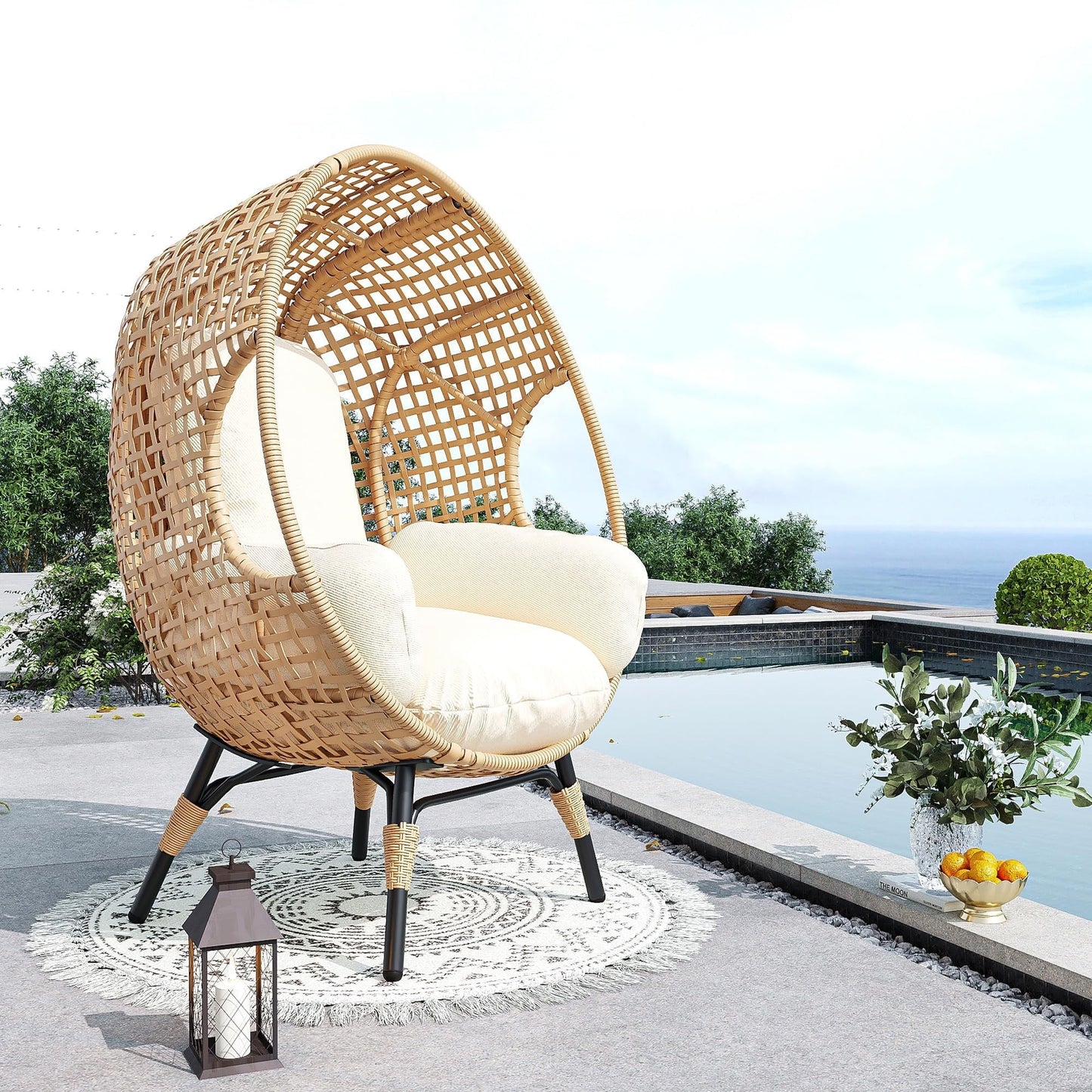 TQKVIPI Oversized Wicker Egg Chair Outdoor Indoor,Patio Lounge Chair with Thicken Cushions & Durable Steel Frame, Egg Basket Chair 500lbs Capacity for Garden, Backyard, Porch,Bedroom (Beige-Plaid)