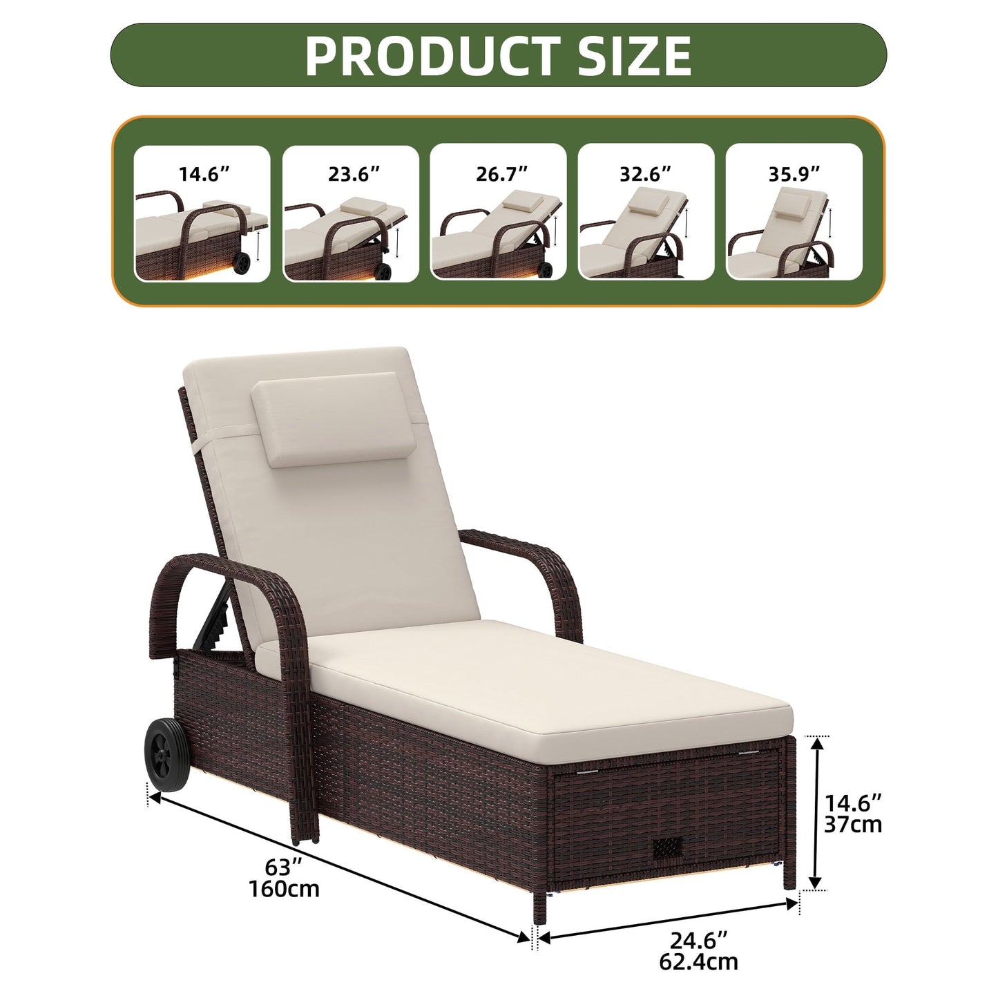 Uforic LED Outdoor Lounge Chair with 5-Level Recline, Wheels, Storage, Patio Wicker Chaise, Brown/Beige