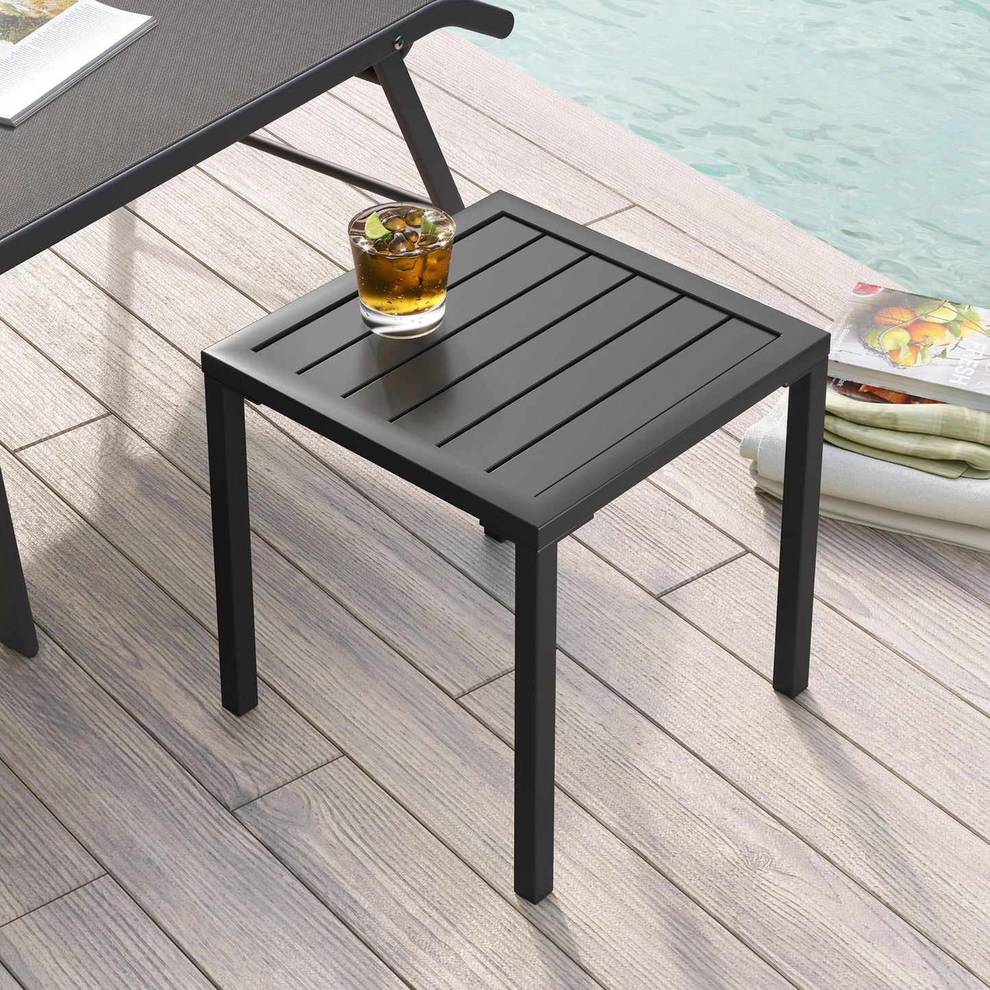 Pellebant Outdoor Square Aluminum Side Table, Black (Set of 2)
