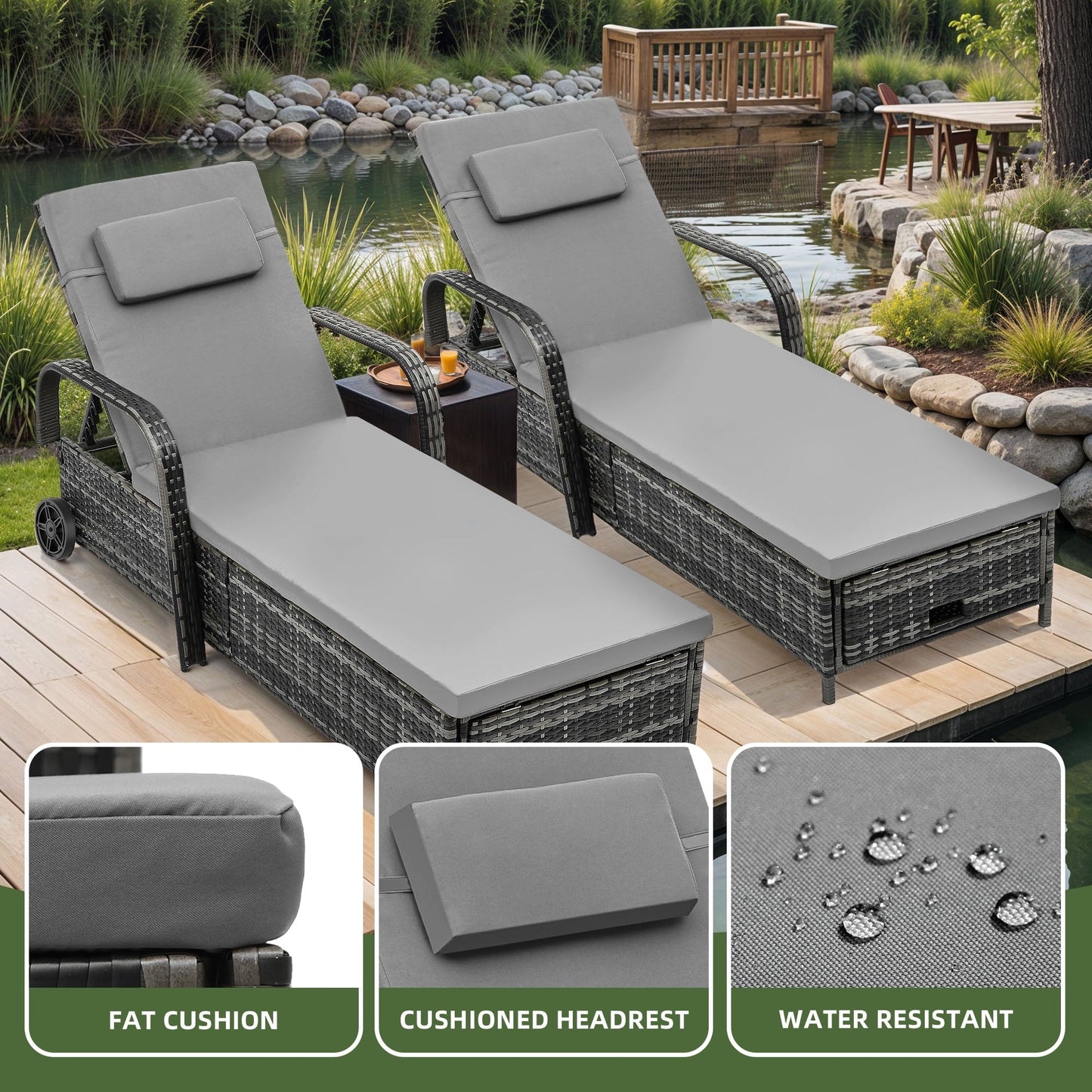 Uforic Wicker Chaise Lounge, 5-Position Lounger with Storage, Cushion, and Wheels, Gradient Gray, 1 Pcs