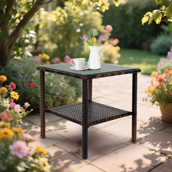 Square double layer glass table top brown gradient rattan side table