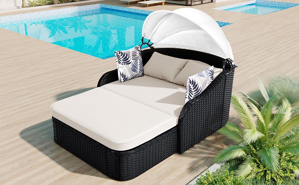GO 79.9" Adjustable Canopy Sunbed, Double Lounger in PE Rattan, Black Frame & Beige Cushion
