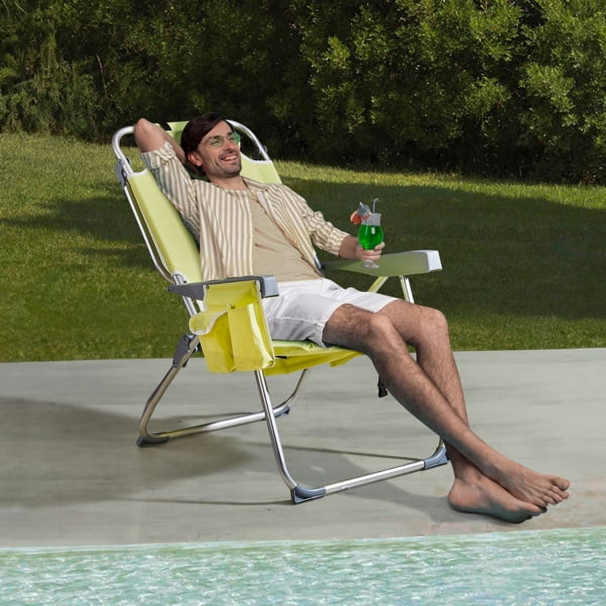 63*70*99cm Heightened Oxford Cloth Silver White Aluminum Tube Bearing 100kg Beach Chair with Cup Holder Storage Pouches Yellow