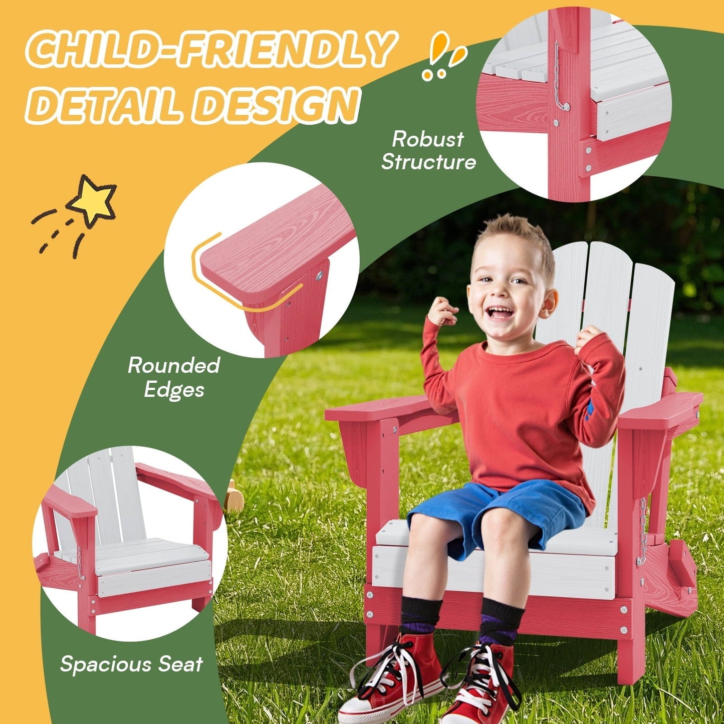 JUSTLET Kids Foldable Adirondack Chair, Lightweight HDPE Outdoor Chair, Weather-Resistant, Portable,Pink and White