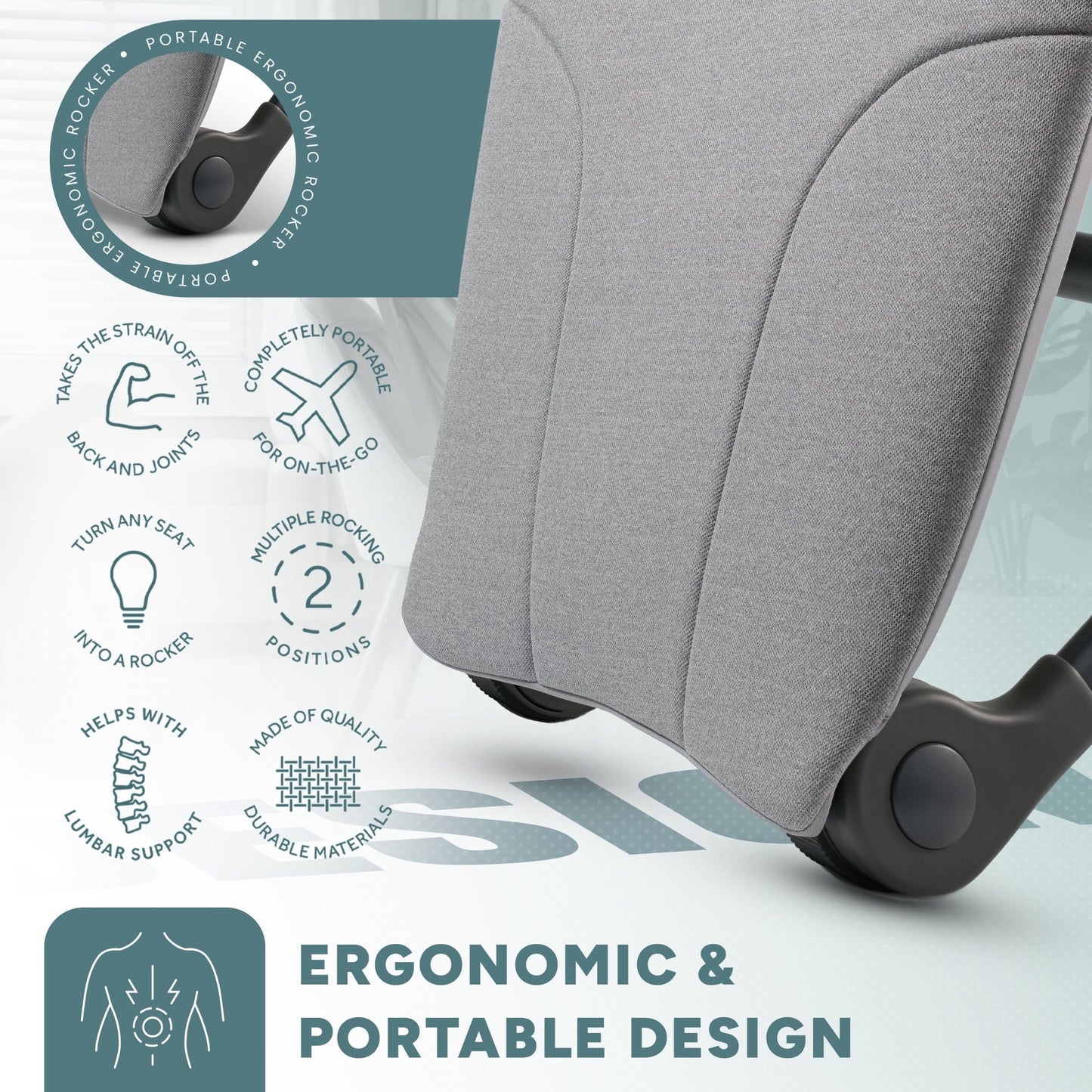 Ready Rocker Deluxe – Adjustable, Portable Rocker, Memory Foam Cover, Slate Grey