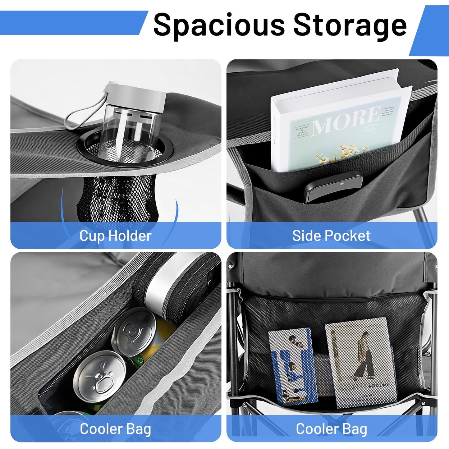 Oversized Camping Folding Chair, Heavy Duty Padded Chair with Cup Holder Storage and Cooler Bag for Outdoor,Black Gray