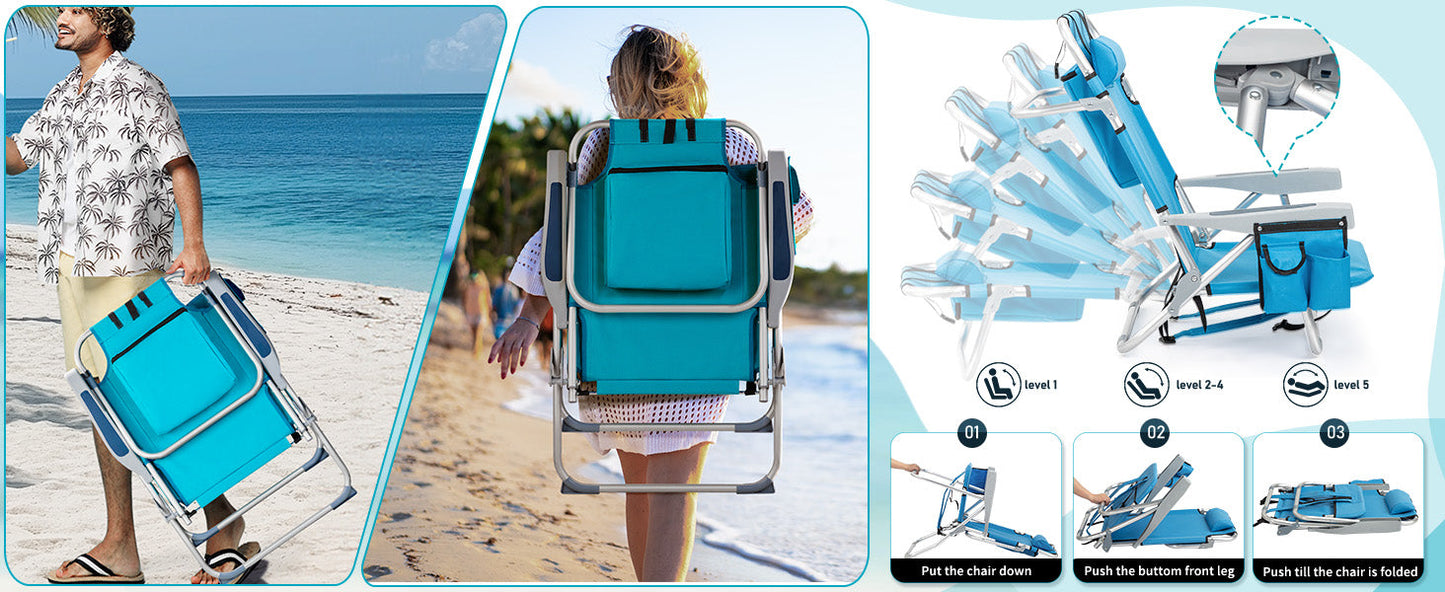 Beach Chairs with 5-Position Recline, 330lbs Folding Backpack Beach Lounge Chairs with Storage Pockets, Cup Holder & Towel Bar, Portable Aluminum Lay Flat Camping Chairs for Travel, Pool & Outdoor