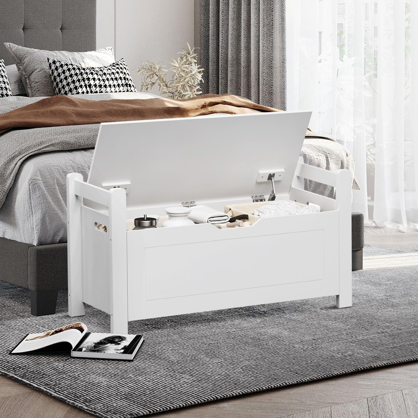 35"" White Entryway Storage Bench with Cushion - Wooden Toy Box with Safety Hinges, Shoe Bench for Living Room & Bedroom