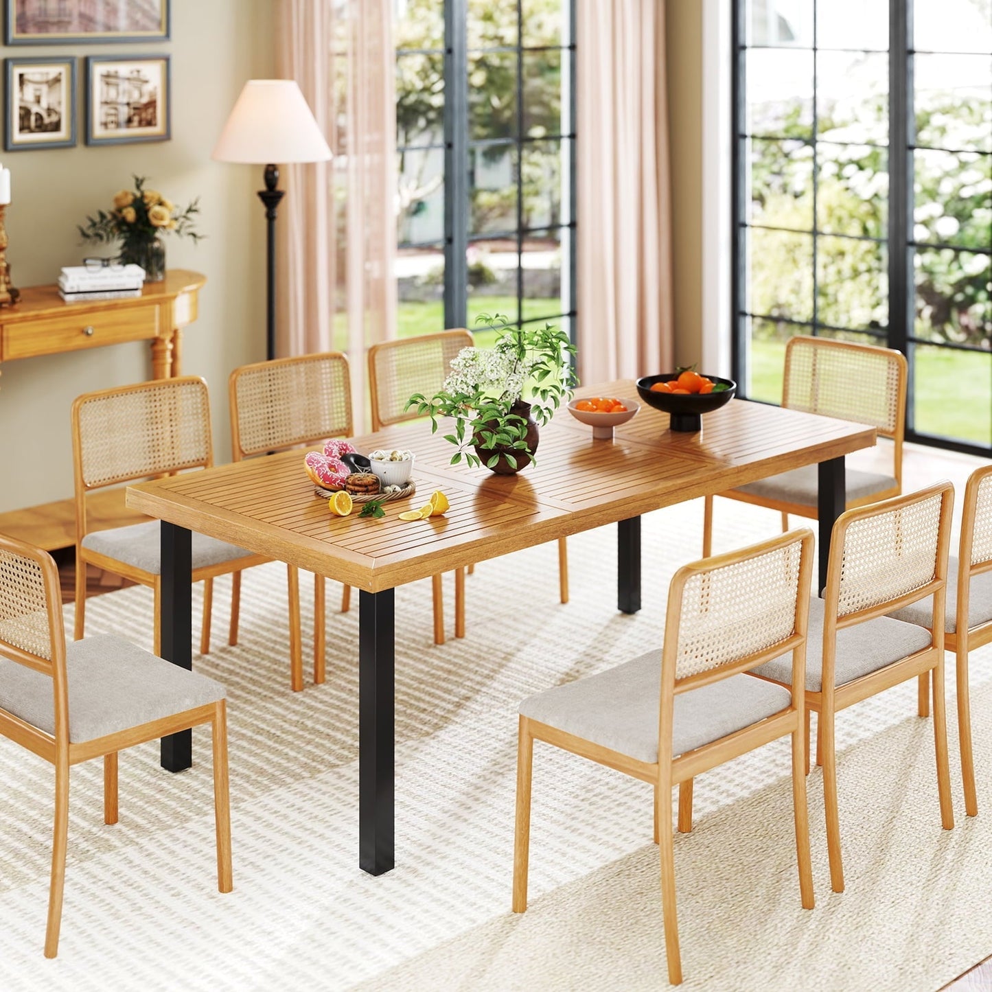 Topbuy Acacia Wood Dining Table for 8 People, 79" Large Rectangular Patio Table with Built-in Umbrella Hole