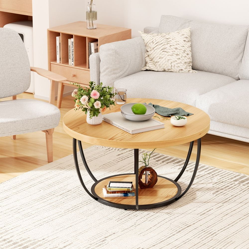 LUMAMIN  31.5" Round Coffee Table with Storage, 2 Tier Modern Small Wood Center Table with Metal Legs for Living Room, Bedroom, or Kitchen