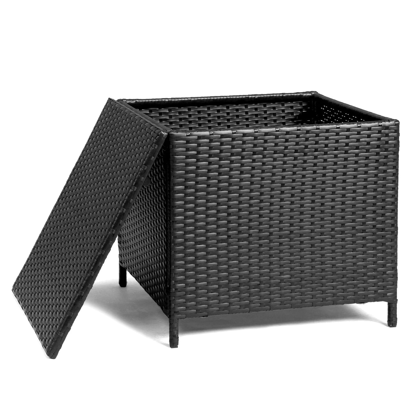 Black PE Rattan Outdoor Side Table with Storage - Square Patio End Table for Furniture Covers, Gardening Tools, and Toys