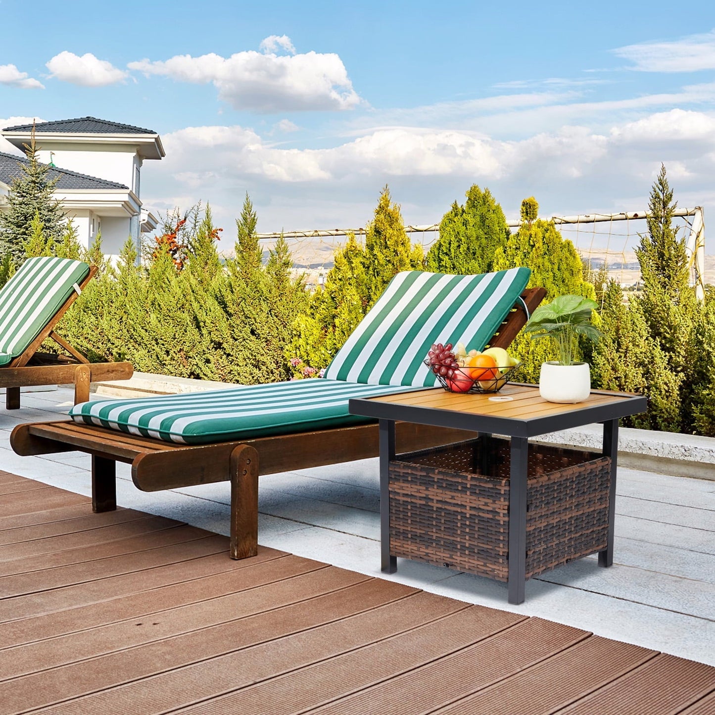 Funnil Patio Wicker Rattan Steel Side Table with Umbrella Hole, All-weather Use Rattan Coffee End Table for Deck, Porch, Garden, Indoor&Outdoor, Brown