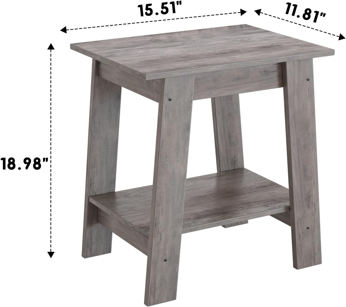 Riedhoff Wooden End Table, Farmhouse 2-Layer Storage Shelves, 15.51 x 11.81 x 18.98", 2 Piece, Gray