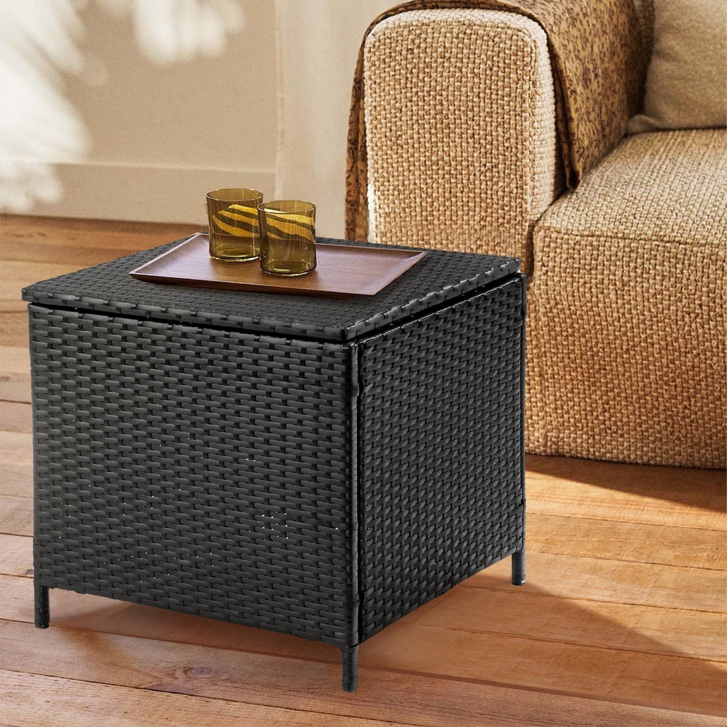 27-Gallon Outdoor PE Wicker Side Table with Storage, All-Weather, Dual-Function, Steel Frame, Black