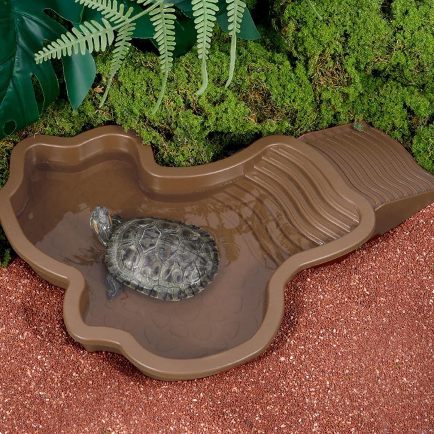 Tortoise Water Dish with Ramp and Basking Platform, Reptile Food Dish Turtle Water Bowl, Reptile Bathing Pool Amphibians Habitat Accessories for Lizard, Box Turtle, Horned Frog