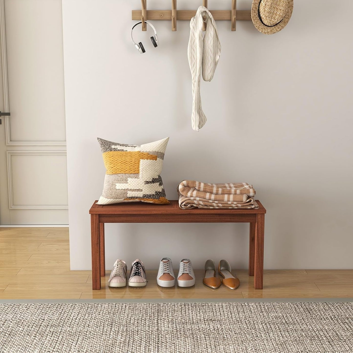 Sycol Outdoor Backless Bench, Patio Dining Bench with Breathable Slatted Seat, 2-Seat Rustic Wood Bench for Entryway, Garden, Backyard, Deck, Natural