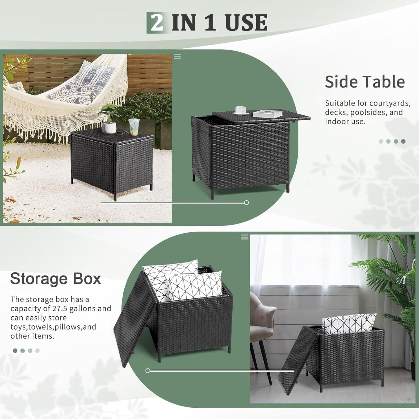 GaoJ Outdoor Side Table, Rattan Coffee Table with Storage 27 Gallon Patio Small Deck Storage Box for Cushion Towel Books, Brown Side Table with lid，Black