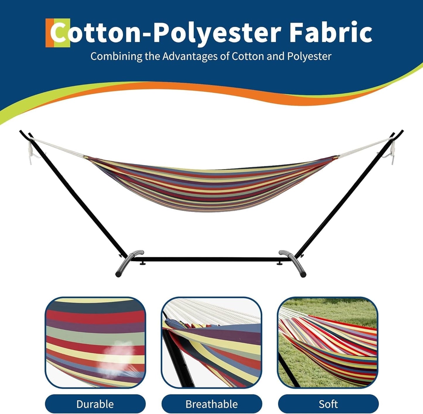 WildBreak Double Hammock 107.5 x 42.9 x 39.3", for 2-Persons, with Steel Stand, Multicolor