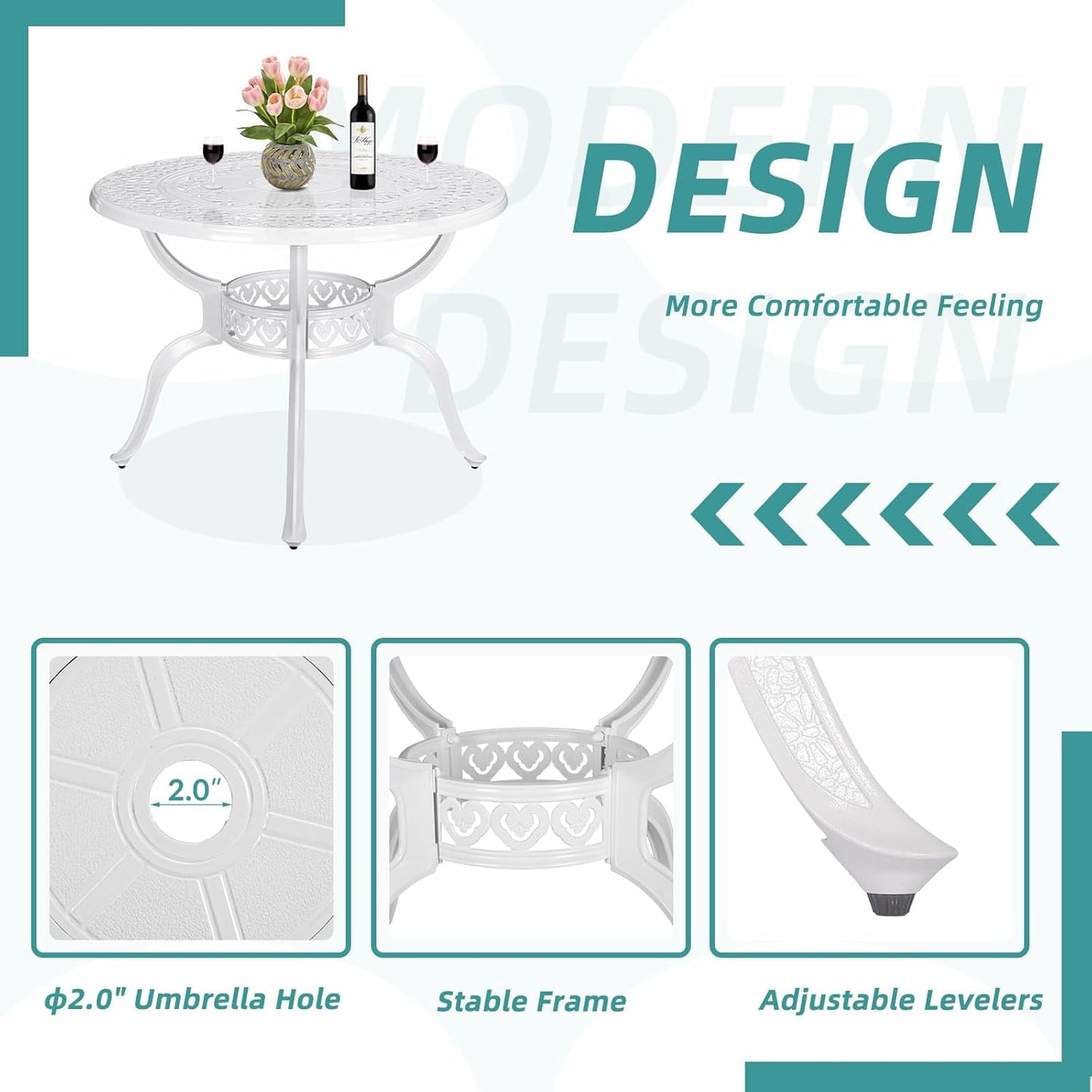 MEETWARM 38.5" Round Patio Dinning Table, Outdoor Cast Aluminum Dinning Table with 2" Umbrella Hole, White