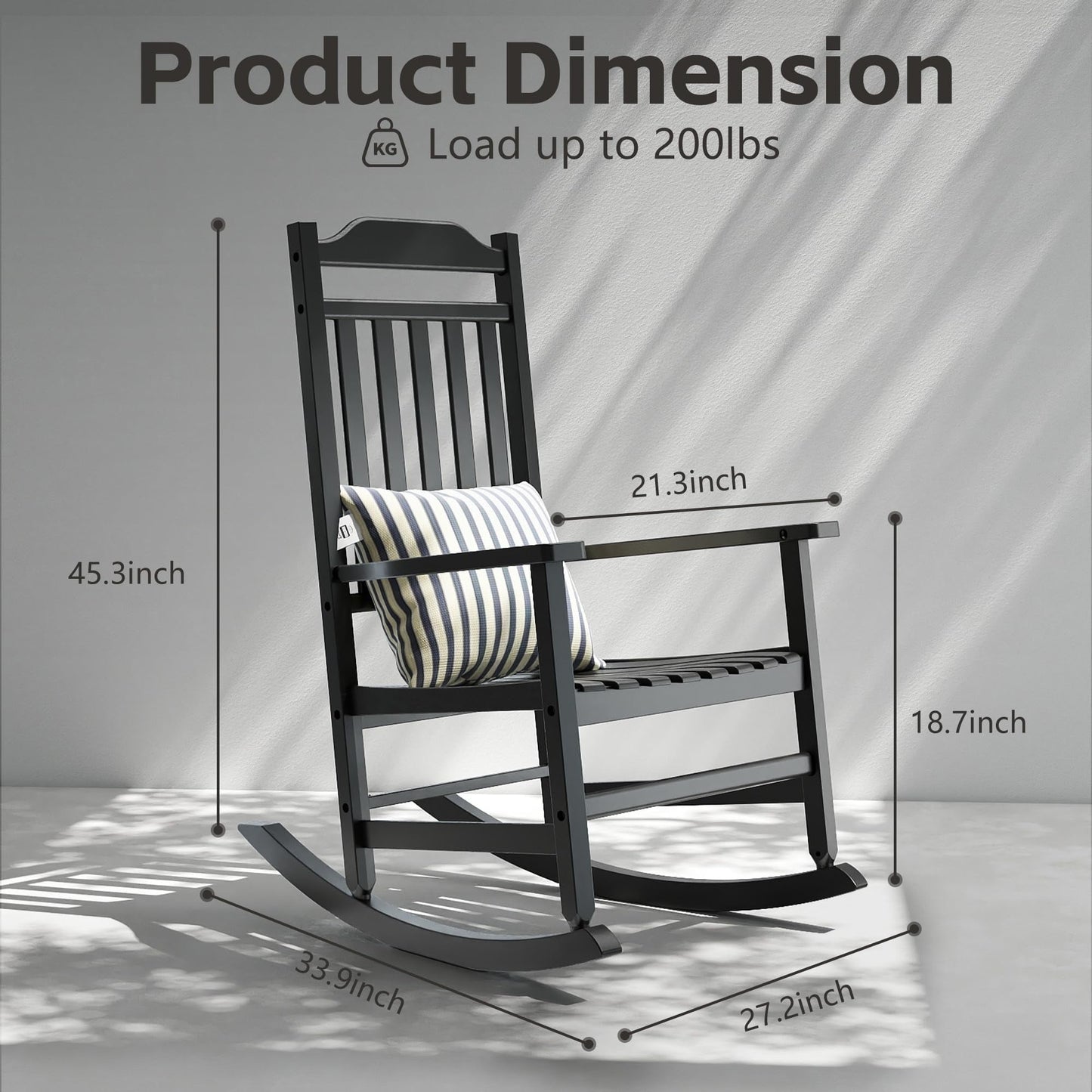 FICARTS High Back HDPE Outdoor Rocking Chair - All Weather Patio Porch Rocker with 44.92” Height (Black)