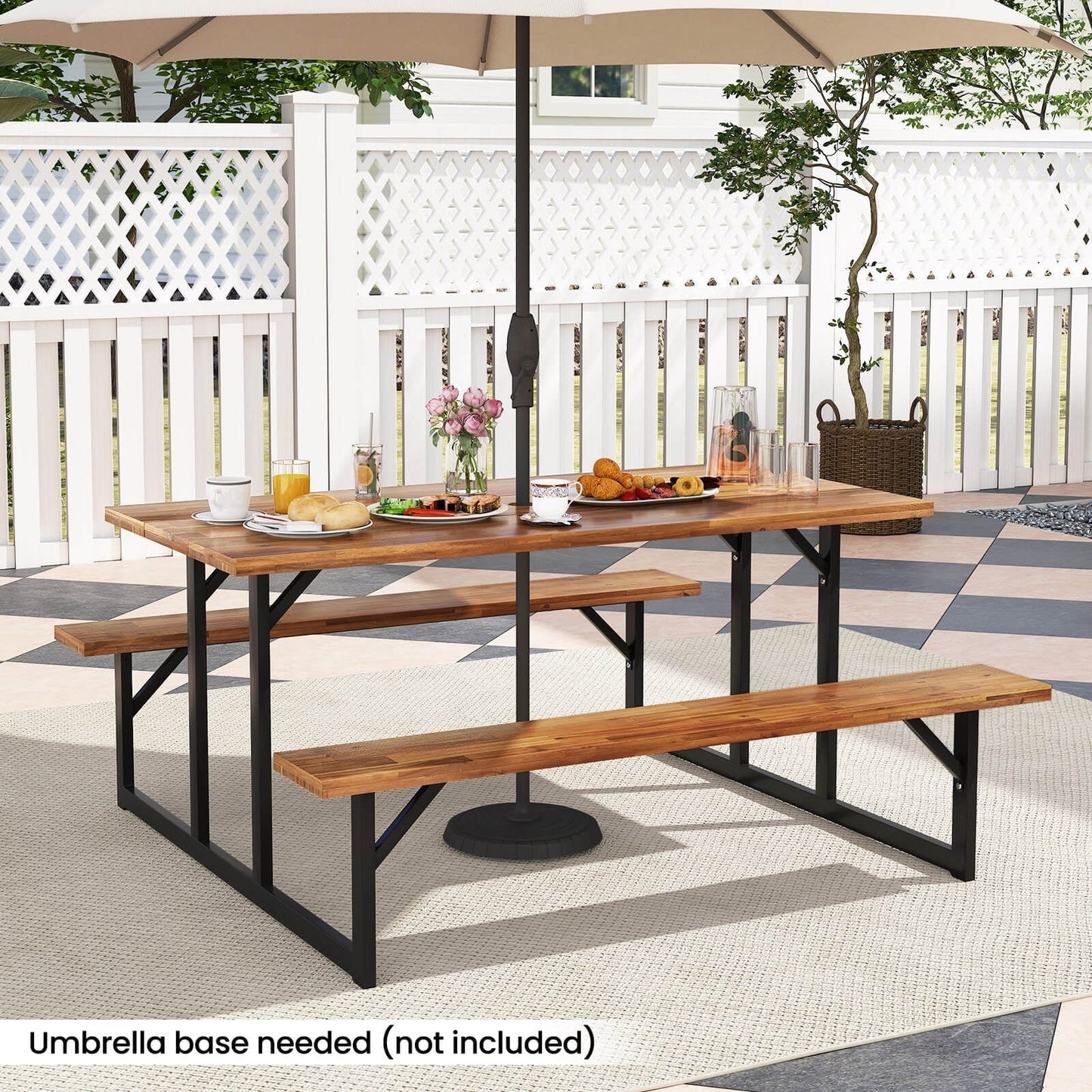 Costway 6-Person Acacia Wood Picnic Table with 2 Built-In Benches Umbrella Hole Metal Frame