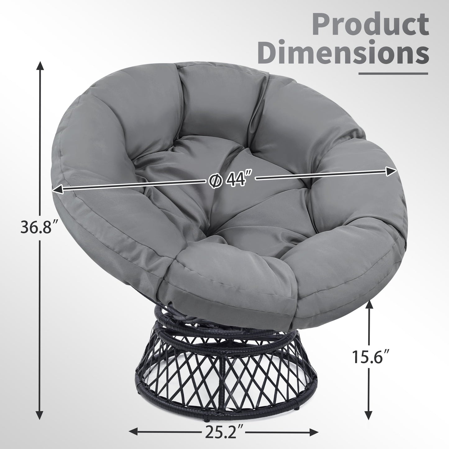 Melocadol Oversized 46" Papasan Chair, Fluid 360° Swivel with Cushion, Durable Frame for Indoor & Outdoor, Black Frame with Dark Grey Cushion