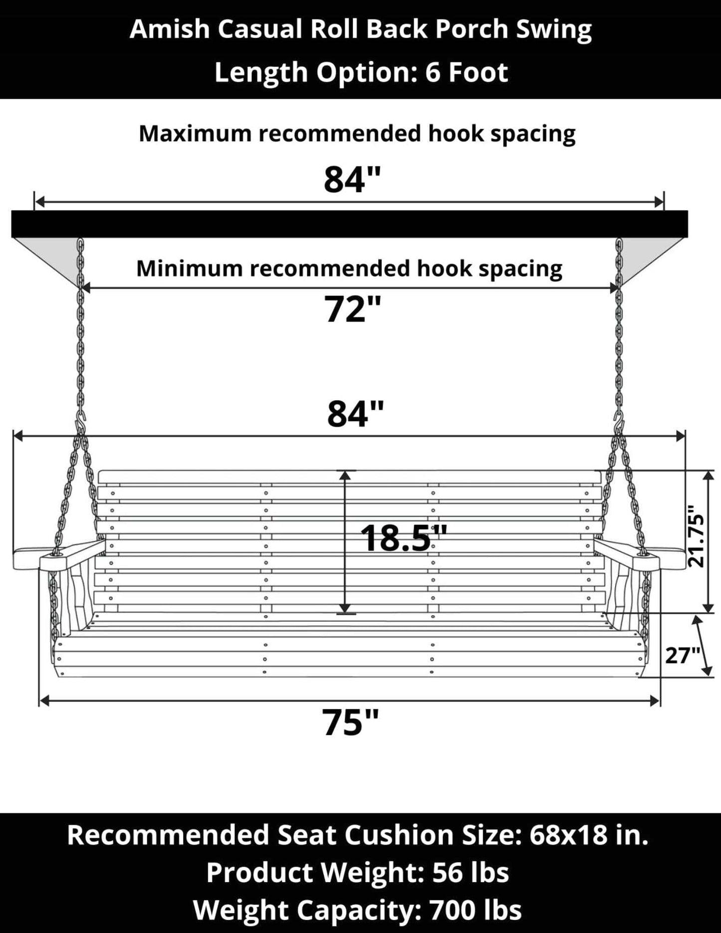 Amish Casual 6 Foot Roll Back Porch Swing with Cup Holders in Semi-Solid Gray Stain - Amish Made in The USA from Treated Pine Heavy Duty 700 Lb. Weight Capacity