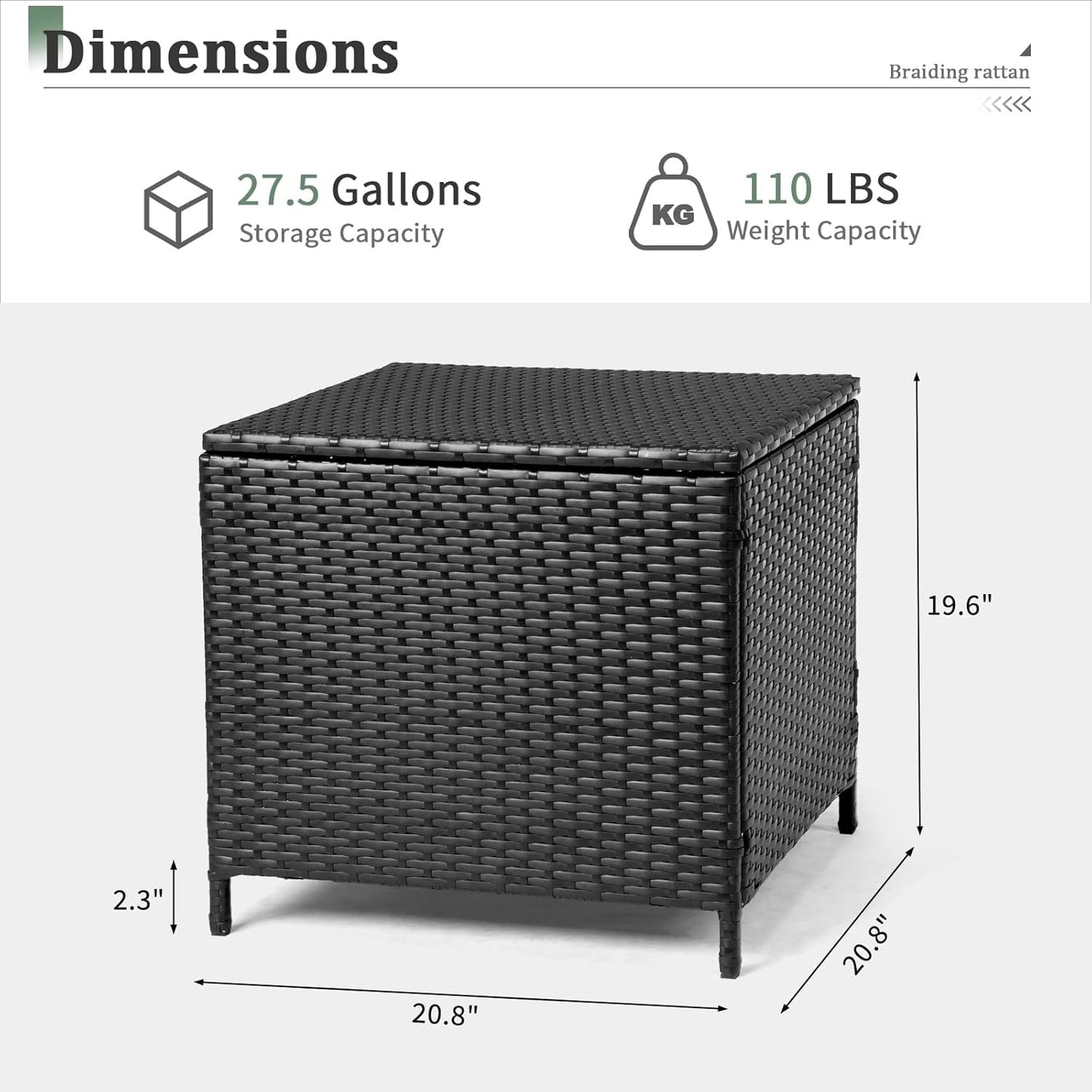 GaoJ Outdoor Side Table, Rattan Coffee Table with Storage 27 Gallon Patio Small Deck Storage Box for Cushion Towel Books, Brown Side Table with lid，Black