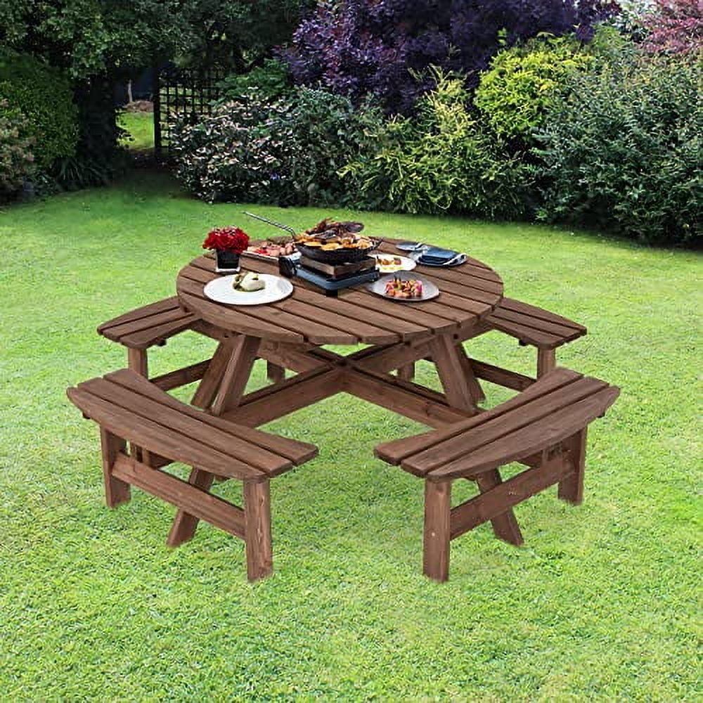 GLACER 8 Person Wooden Picnic Table, Outdoor Round Patio Table with Seat & Umbrella Hole, 2200 LBS Weight Capacity for Patio, Backyard, Garden