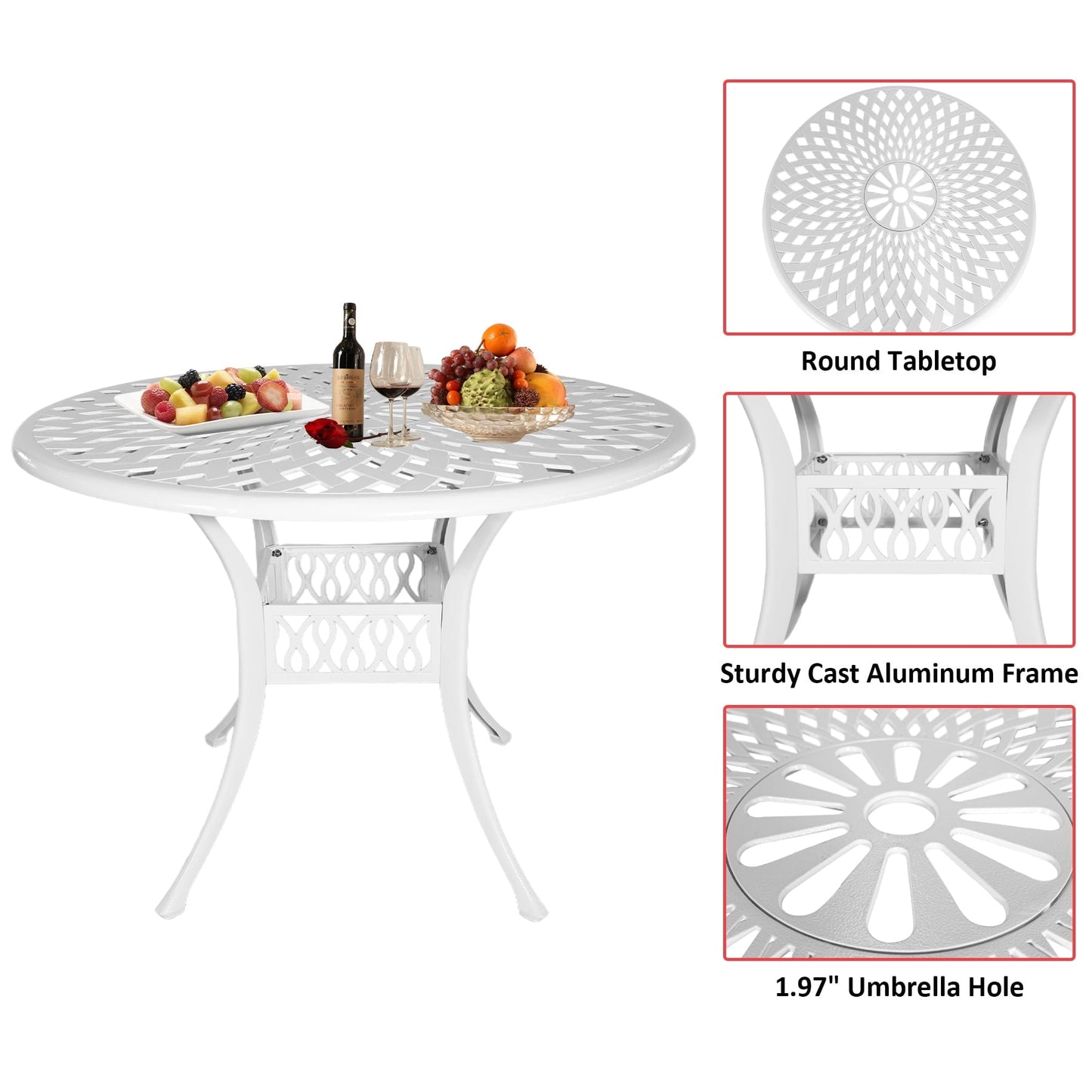 Withniture 42 INCH Patio Table with Umbrella Hole, Outdoor Round Cast Aluminum Bistro Table White