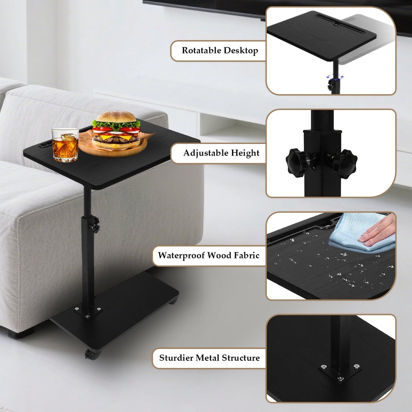 KFeng C-Shape Swivel End Table - Height Adjustable for Couch/Bed/Chair  (Black,Wheel)