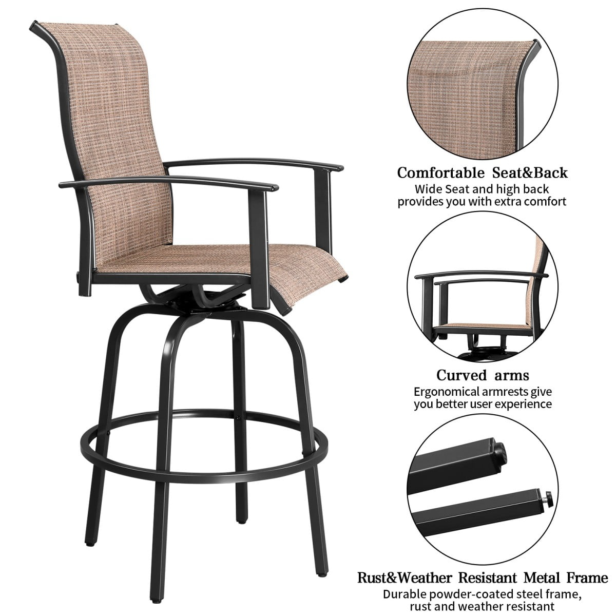 IVV Outdoor Bar Chairs Set of 2, Swivel Patio Barstools with Textilene Fabric, All Weather Use, Ergonomic Comfort Bar Height Tall Outdoor Stools for Balcony (Black)