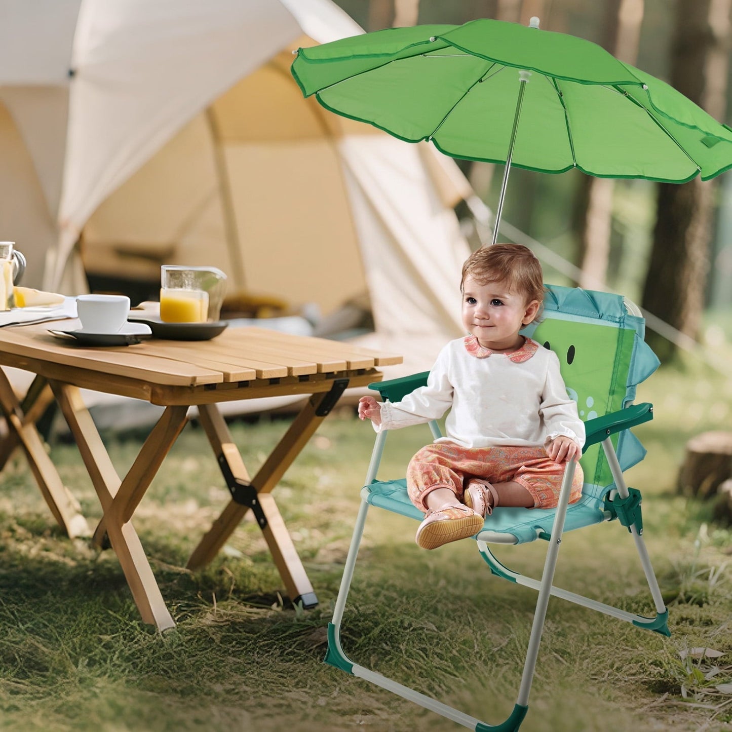 Grusce Kids Beach Chair with Sun Umbrella, Cute Animal Portable Folding Camping Chair, 40kg Capacity for Beach Outdoor Camping Picnic