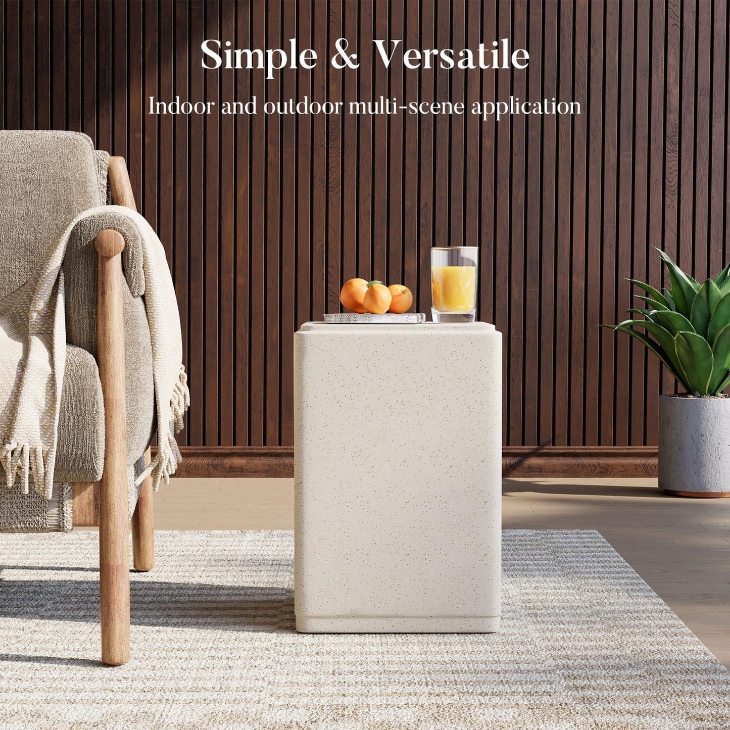 MOALCOFER Outdoor Side Table,Rectangle Concrete End Table with Spotted for Patio,White