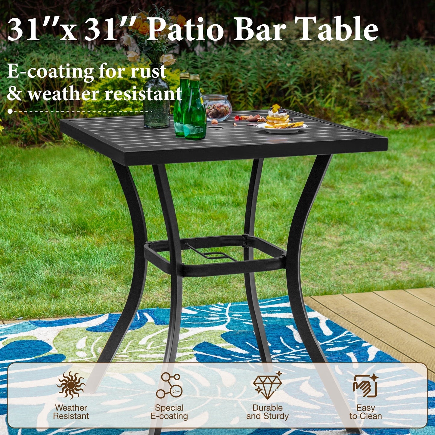 Summit Living 36"H Outdoor Counter Height Pub Table with Umbrella Hole, Patio Metal Bistro Bar Table, Black