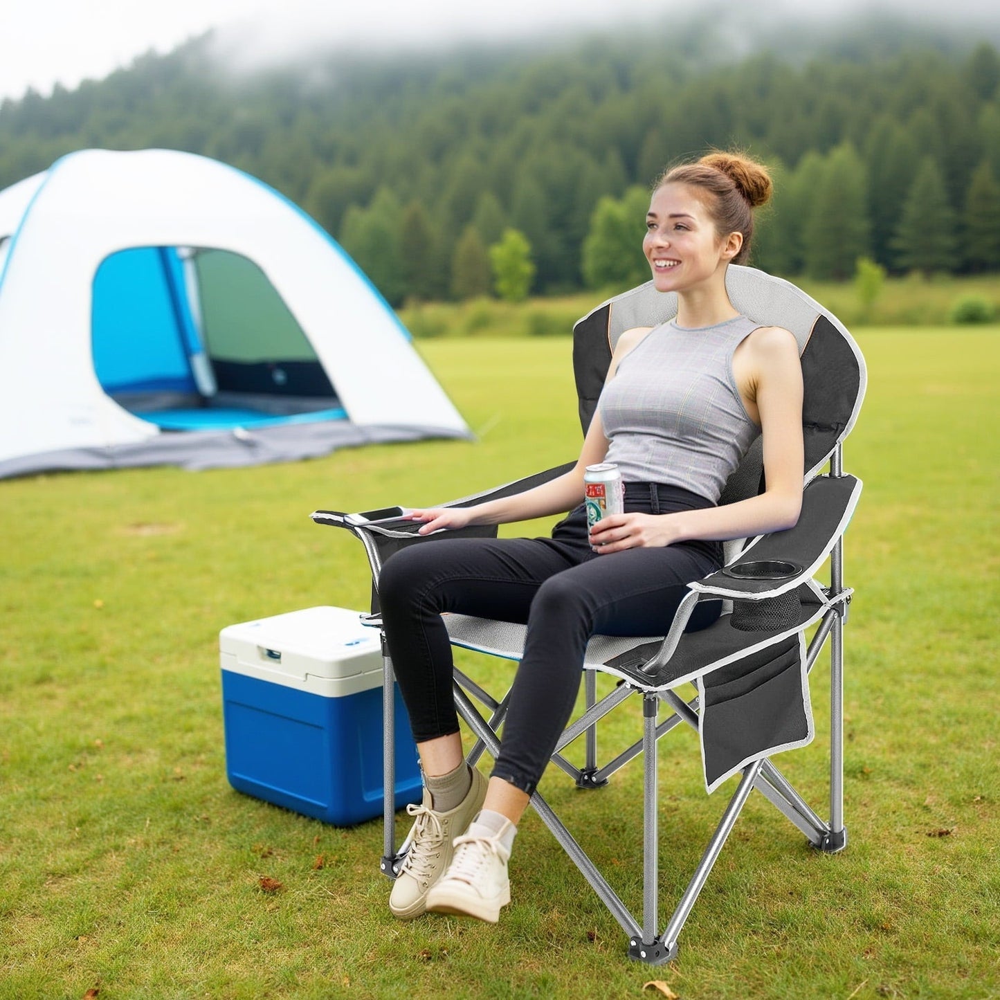 Oversized Camping Folding Chair, Heavy Duty Padded Chair with Cup Holder Storage and Cooler Bag for Outdoor,Black Gray