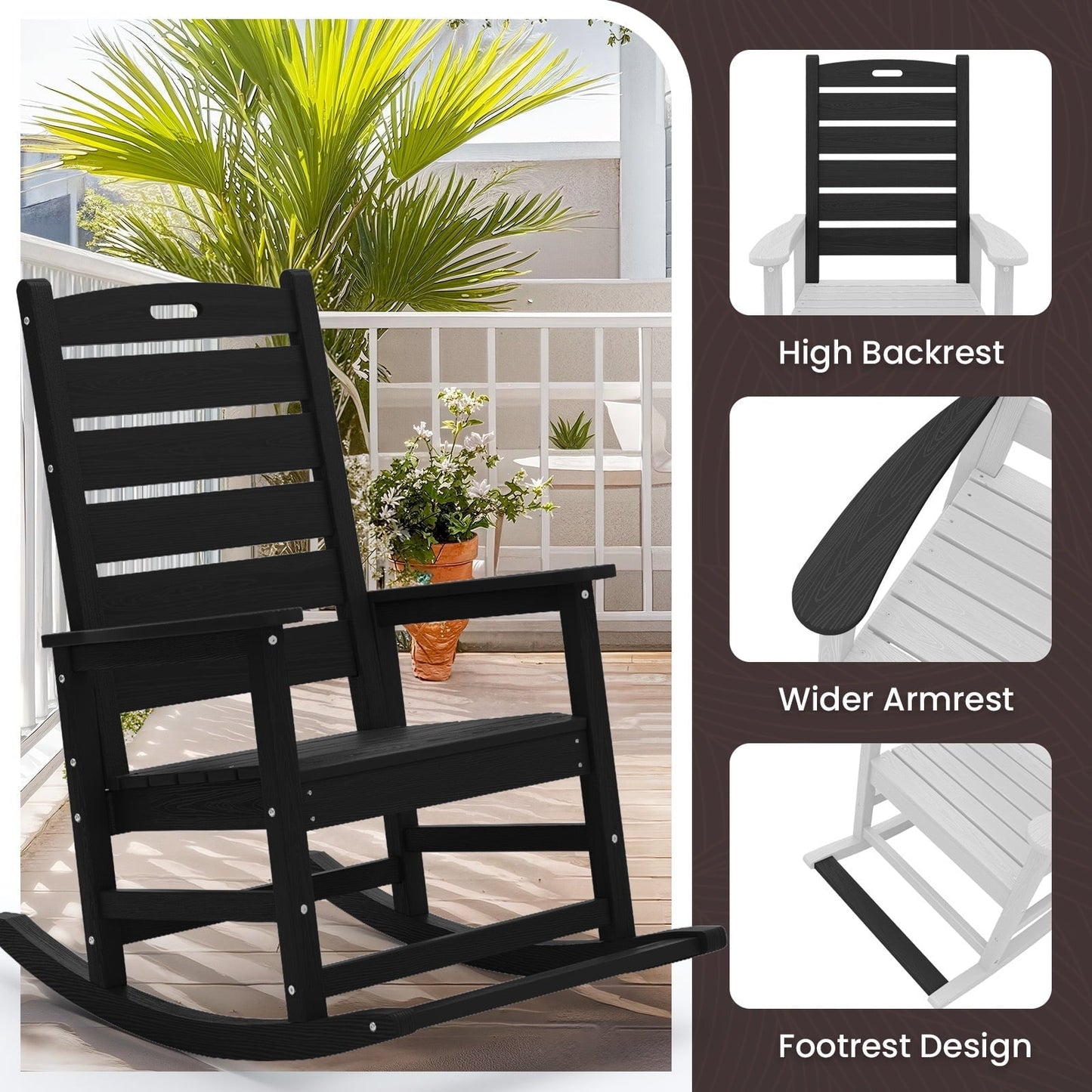JUSTLET Outdoor Rocking Chair with Footrest, High Back HDPE Oversized Adirondack Slat Rocker for Patio,Garden,Lawn,Balcony, Black