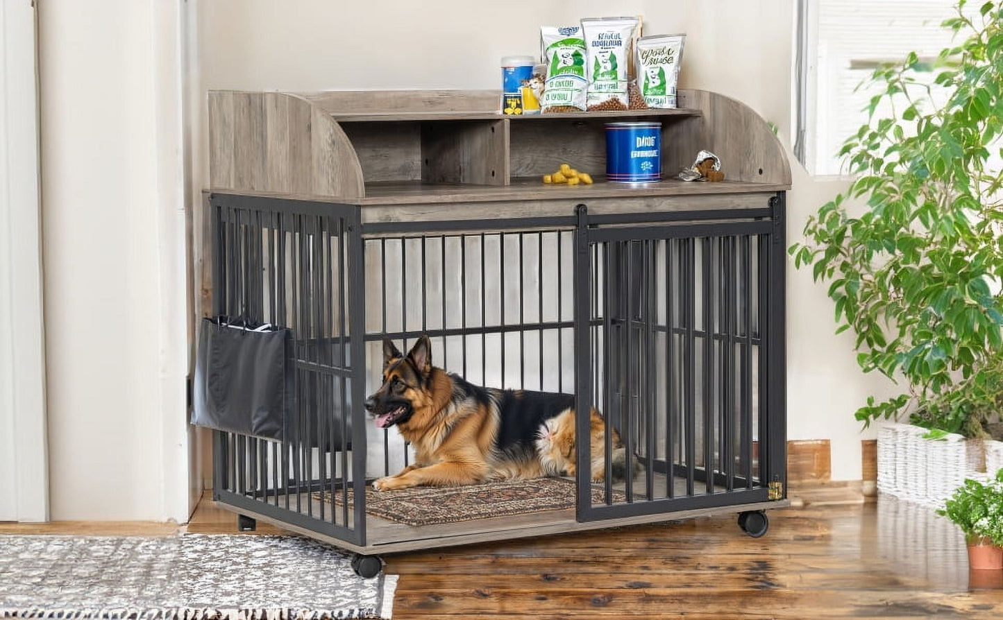 Noaman GO 44'' Heavy Duty Large Dog Crate Furniture with Lockable Wheels, Wooden Dog Kennel & End Table with Double Layer Storage, Gray