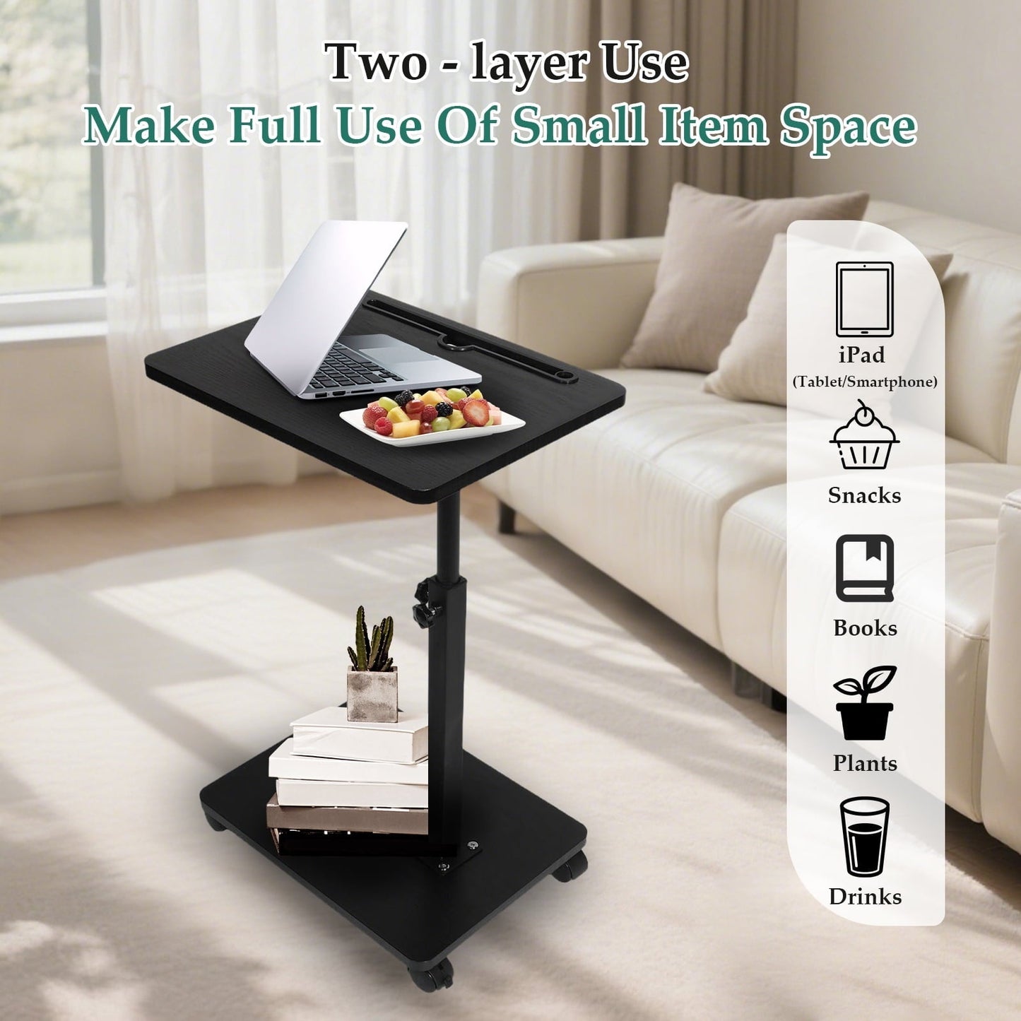 KFeng C-Shape Swivel End Table - Height Adjustable for Couch/Bed/Chair  (Black,Wheel)