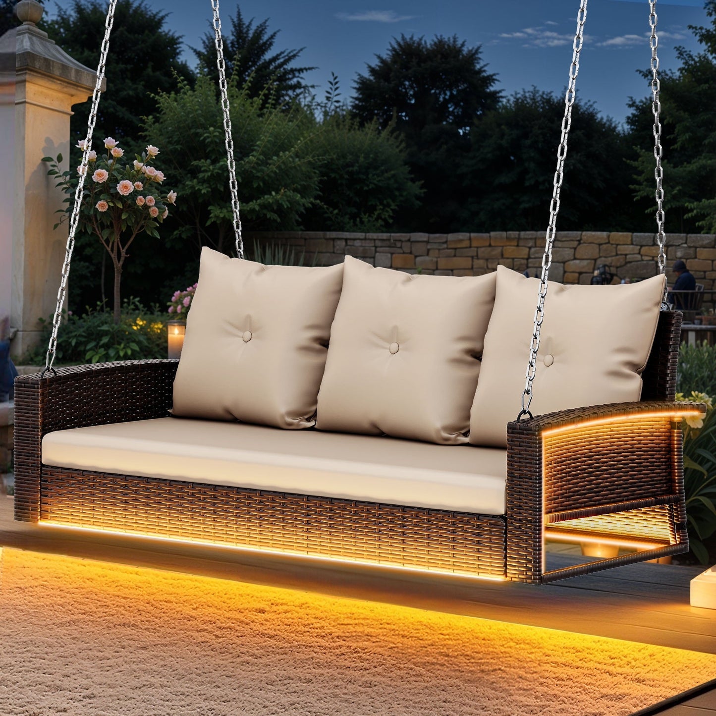 Uforic 3-Seat Outdoor Wicker Porch Swing with LED Lights & Brown Cushions, Patio Hanging Chair