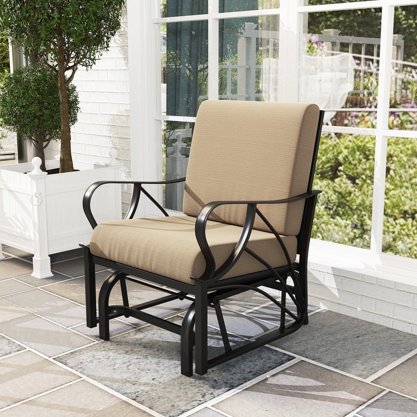 Topbuy 2 Pcs Outdoor Glider Chair Smooth Rocking Single Chair w/ Thick Cushions & Heavy-Duty Metal Frame Tan