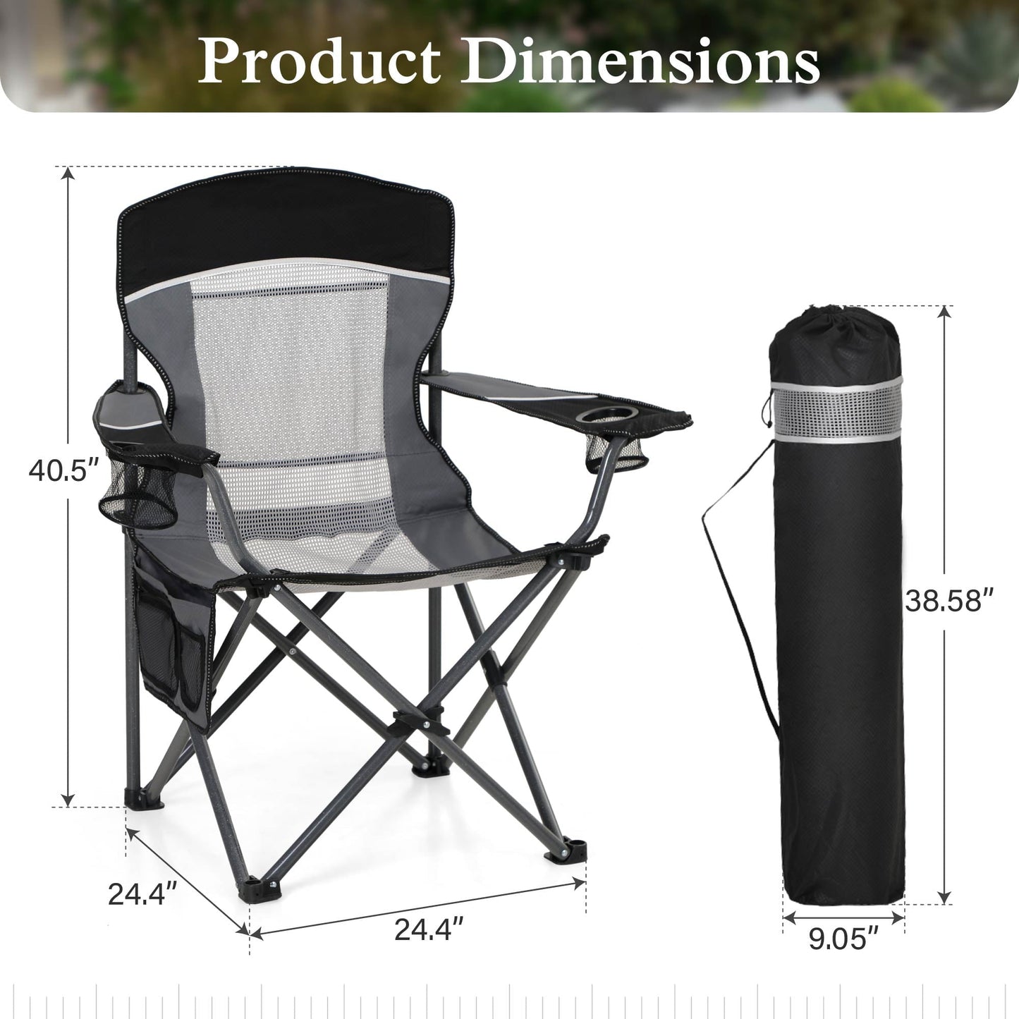 Sophia & William 2 Pack Oversized Camping Chair Portable Mesh Folding Chair with Cup Holder Supports up to 450Lbs for Outdoor, Fishing, Beach, Backyard， Black
